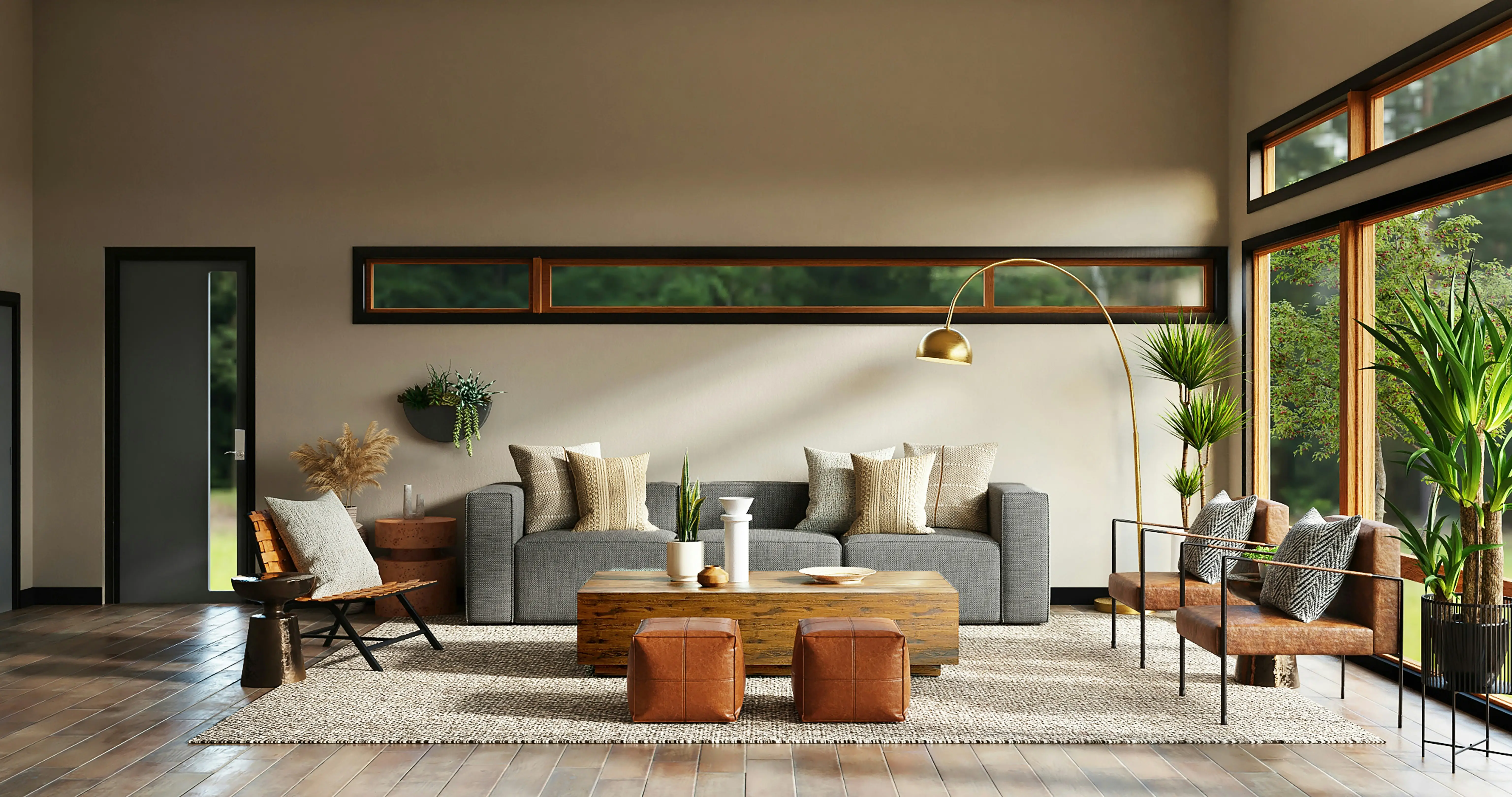 Bright, comfortable living room with large windows and neatly arranged furnishings